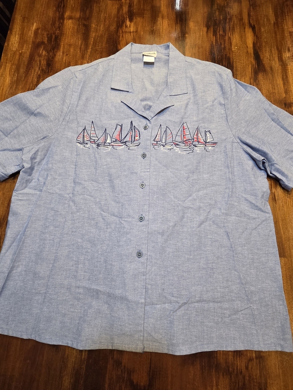 BonWorth Blue Short-Sleeve Button-Down Shirt with Sailboat Embroidery